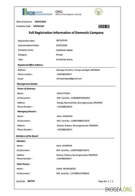 Rwanda informations complètes sur l'enregistrement de la société nationale modèle Word et PDF